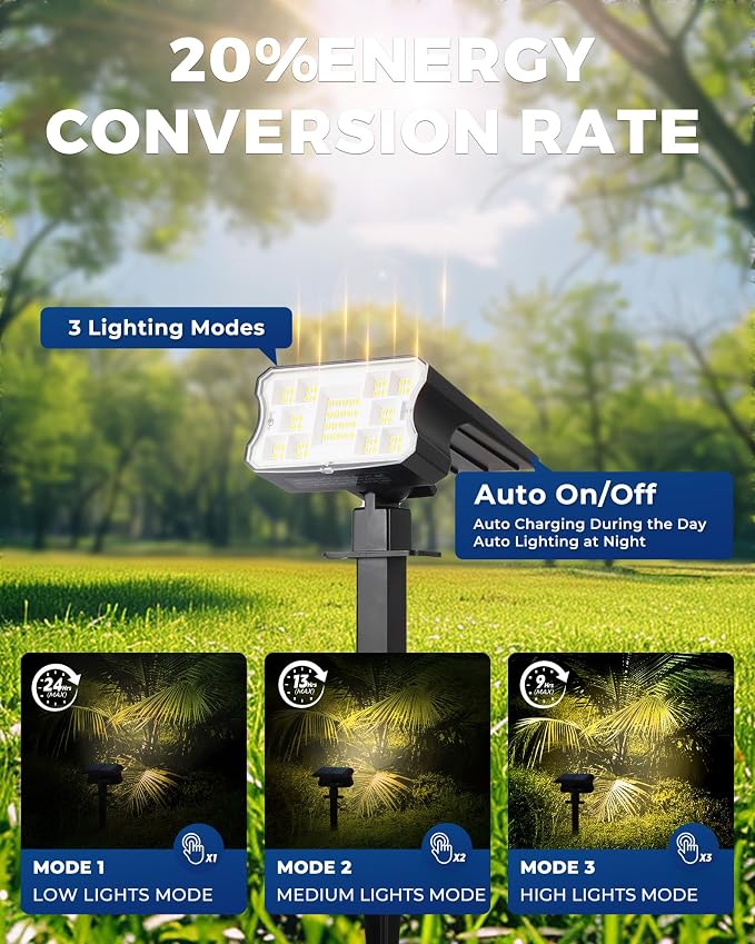 HGGH Solar Lights Outdoor Waterproof IP67, 60 LED 3 Lighting Modes Solar Spot Lights Outdoor for Yard Garden Pathway Landscape, Auto On/Off, Function 2 in 1(Warm White, 4 Pack)