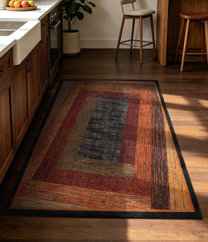 Brown Geometric Woody Area Rug 3x5 for Bedroom,Retro Farmhouse Rugs Washable,Vintage Rug Non Slip, Boho Area Rug for Kitchen,Dining Room,Living Room