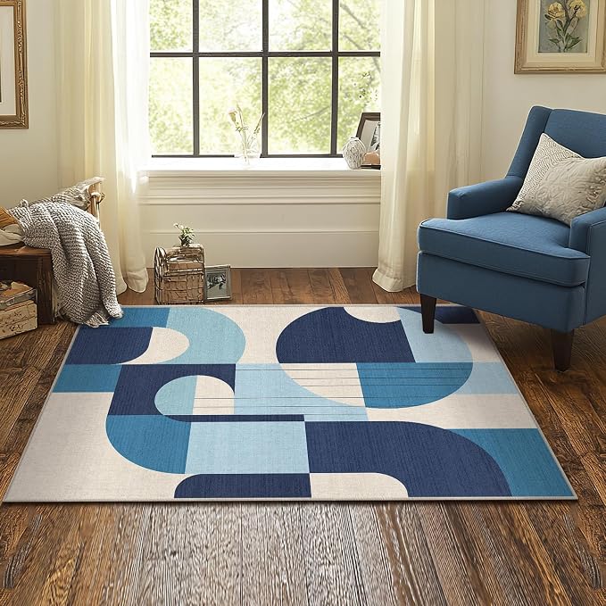 3x5 Blue and White Geometric Area Rug for Bedroom Entryway Hallway Abstract Modern Rug Machine Washable Non-Slip Carpet for Bathroom Kitchen Bedside Living Room