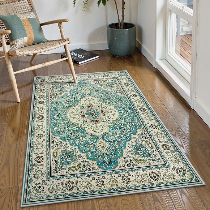 Lahome Felice Floral Medallion Area Rug - 3x5 Distressed Entry Throw Rug Turkish Indoor Accent Rug Non-Slip Washable Low-Pile Carpet for Entrance Living Room Bedroom Dining Table, Sky/Baby Blue
