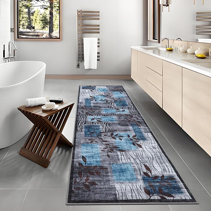 GarveeHome Washable Runner Rug 2x6 Modern Floral Rug Geometric Runners Grey Hallway Runner Carpet Soft Kitchen Low-Pile Bathroom Mat for Bedroom Laundry Hallway 2x6