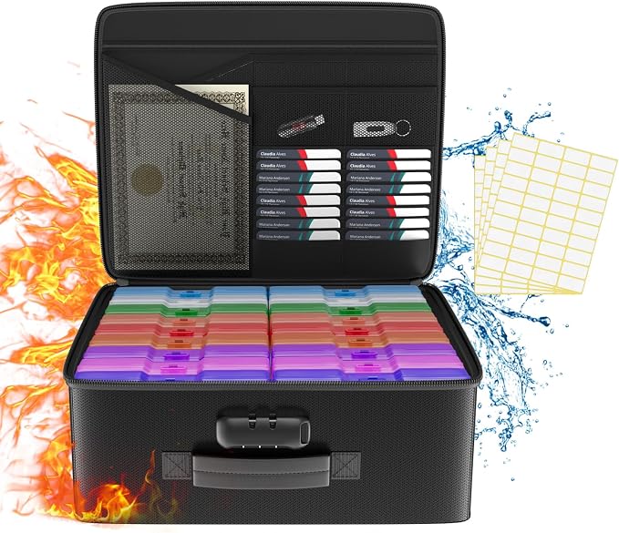 Fireproof Safe Photo Storage Box with 18 Inner 4"x6" Multicolor Photo Cases | Portable Photo Organizer with Lock for Picture, Collapsible Photo Container with Handle and 18 Boxes 4 Sheet Label Stickers