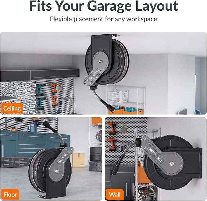 Giraffe Tools Pressure Washer Hose Reel 60ft, 1/4" Power Washer Hose Reel, Automatic Rewind, Wall Mounted, 4000 PSI