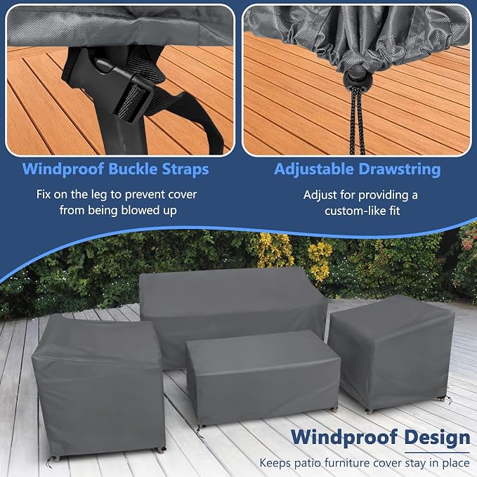 STARTWO Patio Furniture Covers, 4 Piece Heavy Duty Waterproof Outdoor Furniture Cover with Windproof Buckle Strap, for Lawn Rattan Wicker Couch Chair Set, Grey-XXL