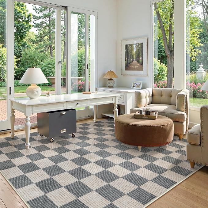LIVEBOX 8x10 Area Rugs for Living Room, Checkered Non-Slip Washable Rugs, Farmhouse Neutral Classic Geometric Pattern Large Boys Area Rug for bedroom, Carpet for Living Dining Room Office(Grey,8'x10')