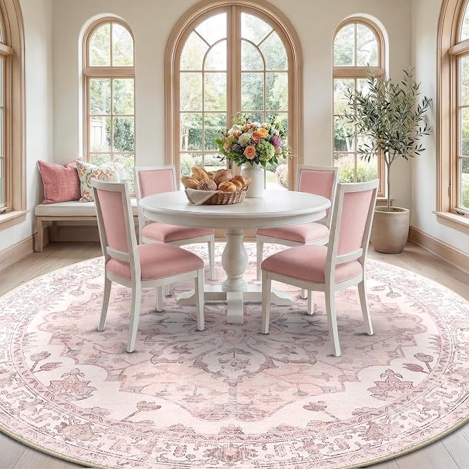 RELEANY Washable Area Rug, Round 10ft, Pink | Non-Slip, Water Repellent, Pet Friendly, Easy to Clean, Vintage Floral Boho Decor for Living Room Bedroom Dining Room