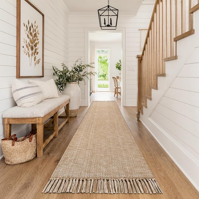 Long Entry Hall Runner Rug, 2.6x14 ft Kitchen Carpet | Washable Boho Bedroom Rug, Tan Modern Farmhouse Braided Woven Cotton Carpets Runners for Bedside, Entry