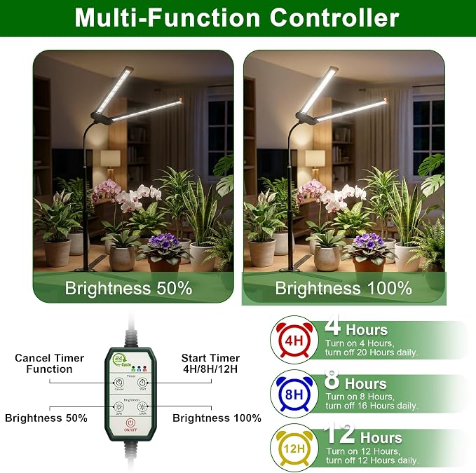 Grow Light for Indoor Plants,6000K White Sun Spectrum Growing Light Lamp with Red Blue LED for Pot Succulents Seeds, Light Strip Foldable & Height Extendable 9-25'', Auto Timer 4 8 12Hrs