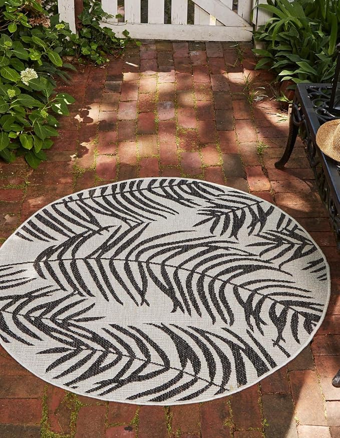 Unique Loom Outdoor Botanical Collection Area Rug - Palm (4' 1" Round, Charcoal Ivory/ Gray)