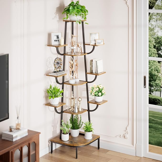 LATIBELL Corner Plant Stand Indoor with Grow Light, 72'' Tall Plant Shelf for Indoor Plants, 8 Tiered Metal Tree-Shaped Display Capable of Holding Large Pots for Home, Patio and Balcony, Black