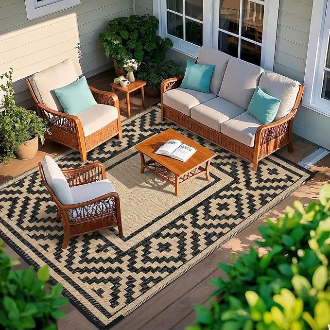 Outdoor Patio Plastic Straw Rug - 8x10 ft Outdoor Camping Rug Waterproof Reversible, Area Carpet Patios RV, Outside Porch Balcony Deck for Camper, Stripe Black Brown