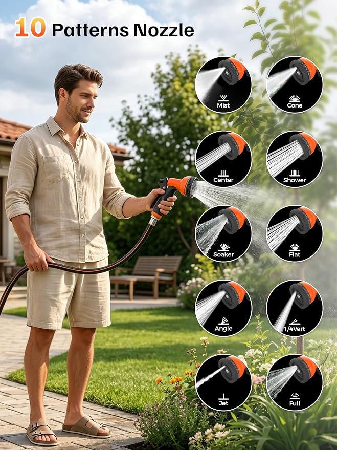 Mars Villa Retractable Garden Hose Reel 1/2 IN x 65 FT, Wall Mounted Heavy Duty Water Hose for Outside, Auto-Rewind & Any Length Lock, 180° Swivel Bracket, Slow Return, 10 Spray Patterns, UV-Resistant
