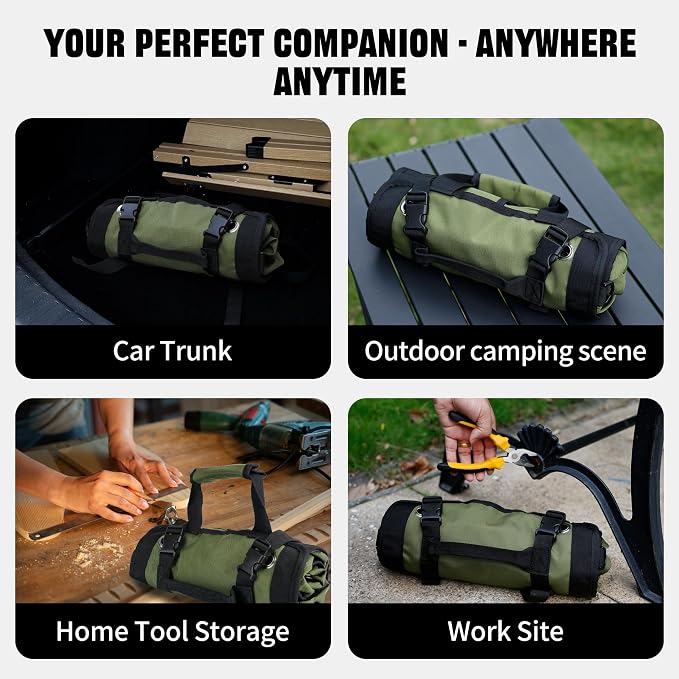 Portable Foldable Roll Up Tool Bag, Heavy Duty Tool Organizer Bag with 5 Compartments & 2 Detachable Pouches for Tools Storage, Waterproof Tool Roll Bag for Dad Men Electrician Gifts