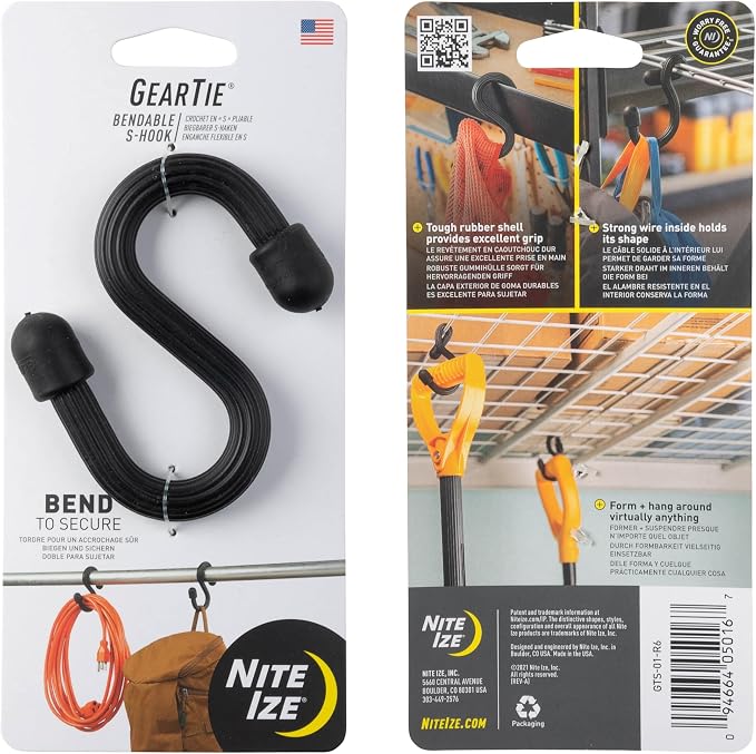 Nite Ize Gear Tie Bendable S-Hook - Utility S-Hook for Hanging - Bendable Rubber Hook Cable - Strong Hook for Closets, Garages & More - Tough Rubber Shell with Flexible Wire - Black (4 Pack)