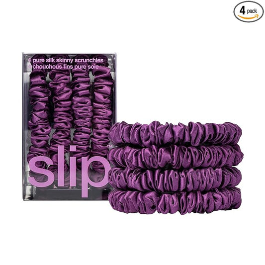 Slip Silk Hair Ties — Skinny Silk Dark Purple Scrunchies, No Damage, No Crease, Anti-Breakage |100% Mulberry Silk | All Hair Types | Made with Proprietary Slipsilk™ | Set of 4