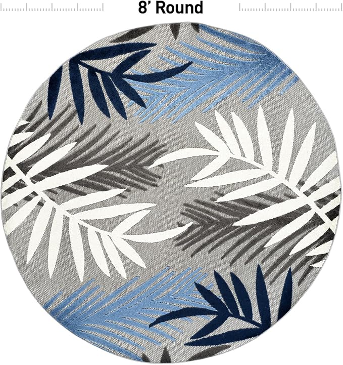 Rugshop Blue Palm Frond Indoor/Outdoor Round Area Rug Easy Cleaning for Patio, Deck and Seating Area, 6' Round