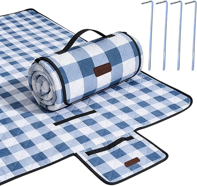 HX&OD Outdoor Picnic Blanket, Extra Large, 80''x60'' Waterproof Foldable Blankets Gingham Picnic Mat for Beach, Camping Grass Lawn Park Accessories Cute Couple Ideas Wedding (Blue, 80”x60”)