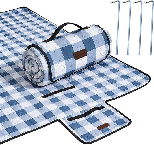 HX&OD Outdoor Picnic Blanket, Extra Large, 80''x60'' Waterproof Foldable Blankets Gingham Picnic Mat for Beach, Camping Grass Lawn Park Accessories Cute Couple Ideas Wedding (Blue, 80”x60”)