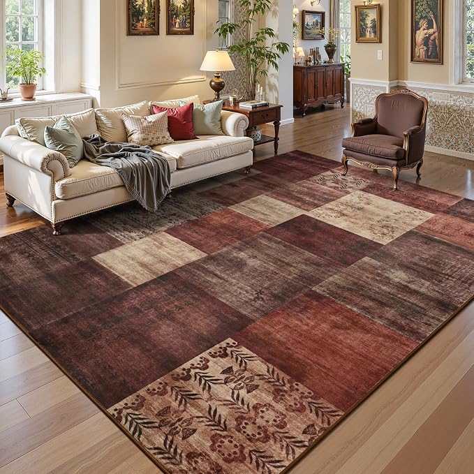 Washable Area Rugs 6x9 for Living Room, Large Modern Geometric Red Soft Patchwork Carpet, Non-Slip Stain Resistant Throw Rug for Bedroom Dining Room Office Home Decor