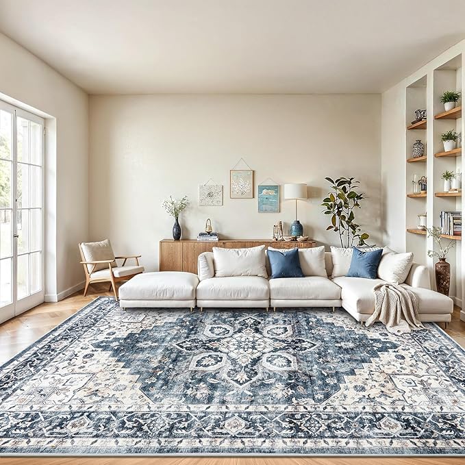 AMADA HOMEFURNISHING 9x12 Washable Area Rug, Low-Profile Large Area Rug with Non-Slip Backing & Durable Edge Binding, Vintage Large Rugs for Living Room, Bedroom & Dinning Room