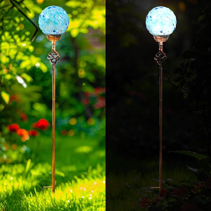 Garden Solar Lights Outdoor, Decorative LED Honeycomb Glass Ball Garden Stake, Glass and Metal Outdoor Decoration, 4 x 31 Inch (Light Blue)