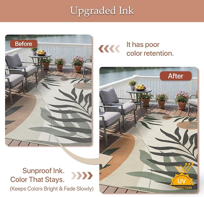 GENIMO Outdoor & Indoor Runner Rug 2.5'x8', Waterproof, Non-Shedding, Easy Cleaning, Leaf Mat for Patio, Living Room, Balcony, Dining Room, RV, Deck, Bedroom, Camping, Outside Carpet, Beige Grey
