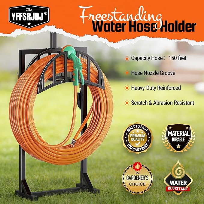 2 Pack Garden Hose Holder, Water Hose Stand for Outside with 4 Stake and 2 Shepherds Hooks, Freestanding Hose Storage Holds 150Ft, Heavy-Duty Metal Hose Hanger Rack for Yard, Lawn, Farm