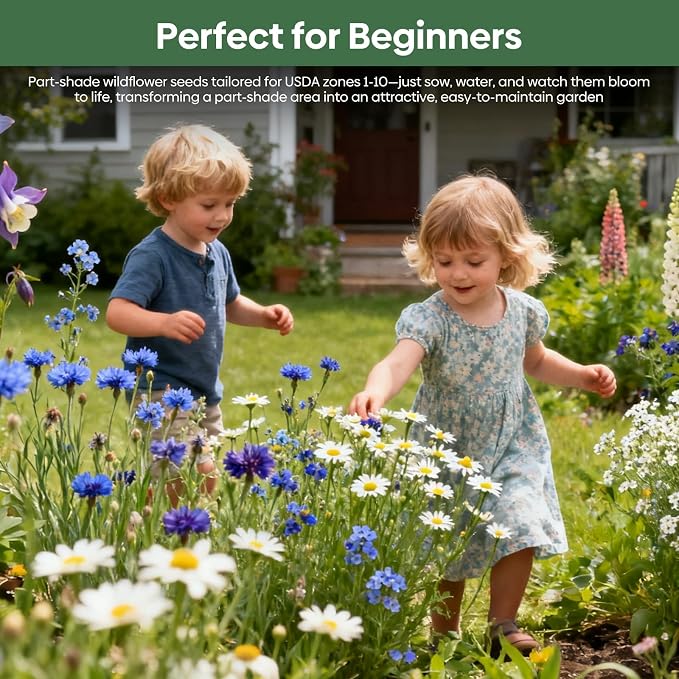 Groundio 23 Varieties Partial Shade Wildflower Seeds, Mixed Annual and Perennial Flower Seeds for Garden, Yard, Container Planting, 1 Ounce