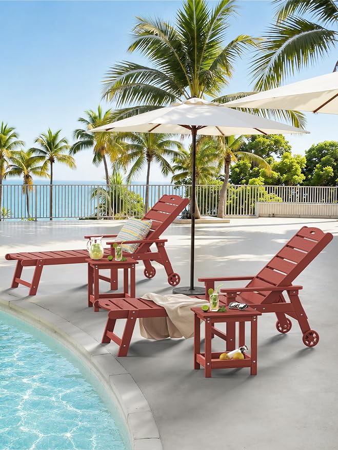 LUE BONA Outdoor Side Table, 2-Tier HDPE Small Outdoor End Table with Rail for Patio, Deck, Poolside, Low Maintenance & Weather Resistant, Red
