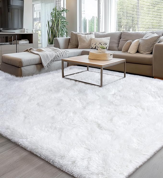 Soft Shag Fluffy Living Room Rug 5x7 White Washable | Upgrade Non-slip, 5 x 7 Shaggy Rugs for Bedroom Nursery, High Pile Fuzzy Plush Carpet Girls Kids Room Dorm, Flame Resistant