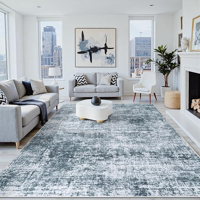 10x12 Area Rug for Living Room Bedroom: Non-Slip Modern Light Slate Blue | Machine Washable TPR Backing, Stain-Resistant Low Pile, Pet & Kid Friendly, Abstract Decor for Dining Room, Dorm, Home Office