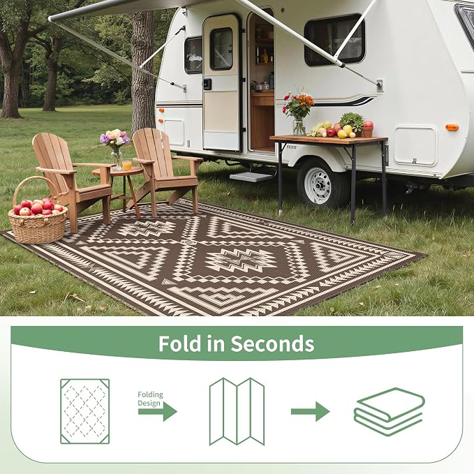 GENIMO Outdoor Rug for Patio Clearance - 8x10 ft Waterproof Plastic Camping Rugs, Reversible Outside Rv Mat Carpet for Porch, Deck, Picnic, Balcony, Beach, Backyard, Coffee Beige