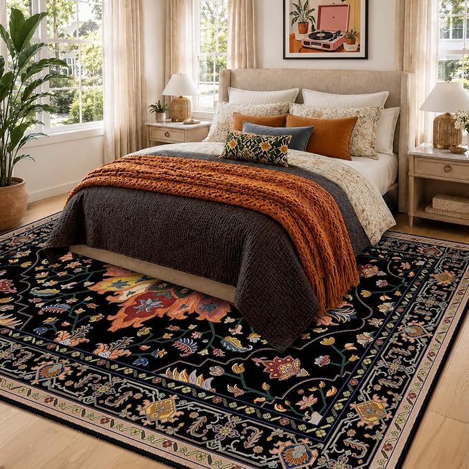 RELEANY Washable Area Rug, 6'x9', Black/Colorful | Non-Slip, Water Repellent, Pet Friendly, Easy to Clean, Vintage Floral Boho Decor for Living Room Bedroom Dining Room Office
