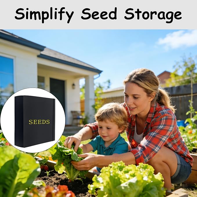 Extra Large Seed Storage Organizer Binder,3 Ring Seed Packet Organizer with 200 Pockets(50 Pack Clear Sheet Protectors), Garden Seed Holder Book for Envelopes, Seed Saving Keeper, Black