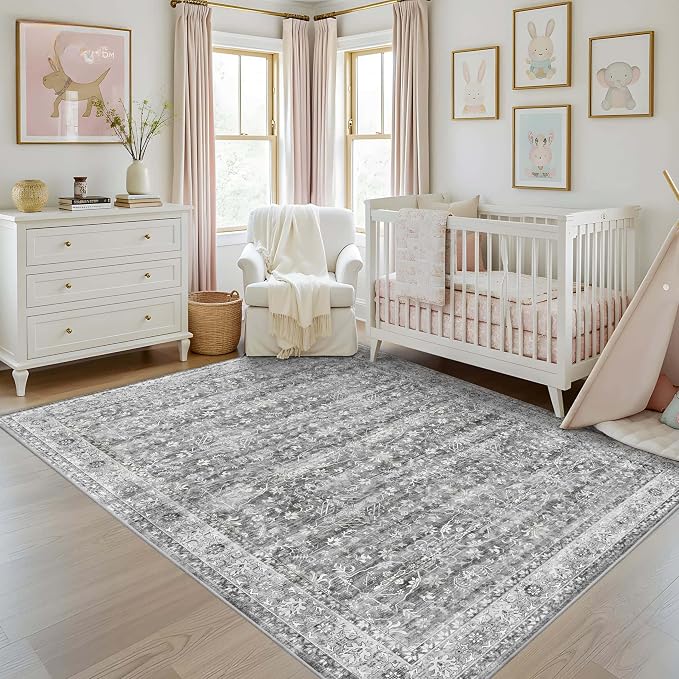 Latte&Fog 5x7 Grey Rugs for Living Room, Vintage Washable Bedroom Area Rug | Non Slip Low Pile Soft Floral Carpet for Dining Kitchen Kids Playroom Nursery Guest Room Classroom Dorm Farmhouse Office