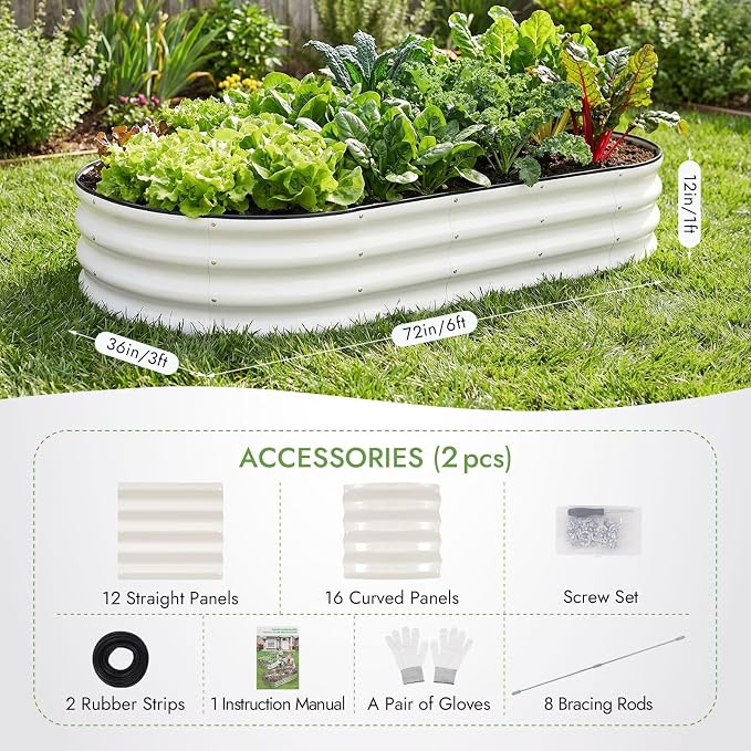 INNO STAGE 2Pcs Galvanized Raised Garden Bed, 6x3x1FT Oval Metal Raised Garden Beds for Vegetables, Rust-Resistant & Easy Assembly, Outdoor Planter Box for Gardening, Flowers, Herbs (White)