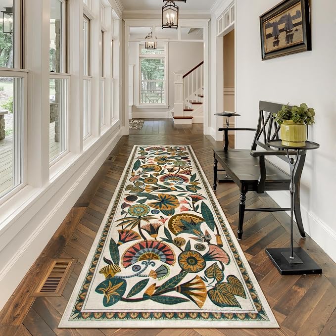 Zealude Egypt Floral Washable Bathroom Runner Rug for Kitchen Floor,2x8 Boho Rug Runners for Hallways Entryway,Vintage Non Slip Soft Throw Carpet for Laundry Room Entrance (Beige,2'6''x8')