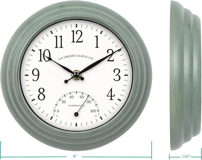 La Crosse Clock 433-3020 8-inch Indoor/Outdoor Sage Green Quartz Wall Clock with Temperature
