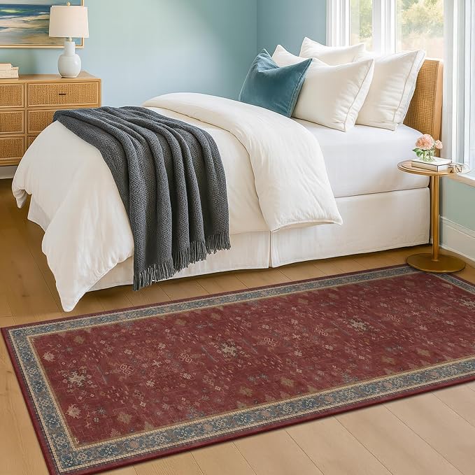 Boho 2x7 Long Runners for Kitchen Floor - Washable Non Slip Indoor Floor Mats for Entryway, Hallway, Dark Red Floral Low Pile & Soft Runner Area Rug for Bedroom Beside Bed