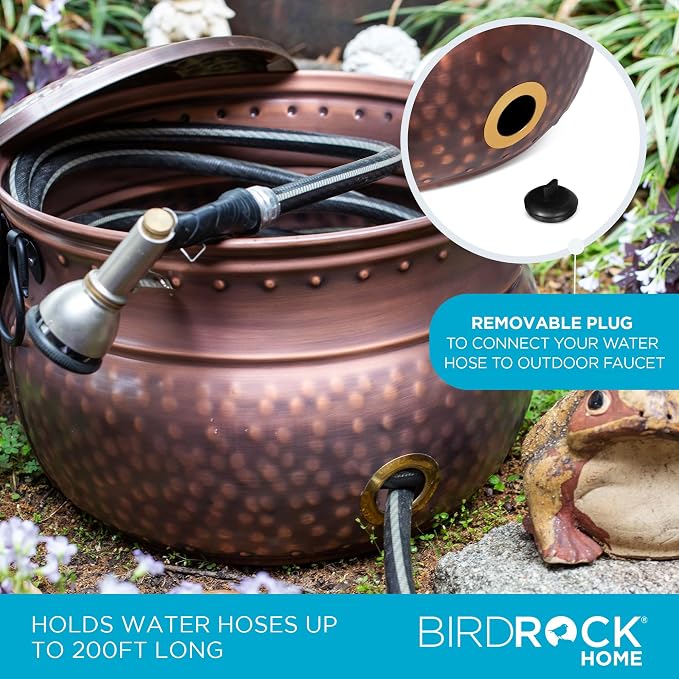 BIRDROCK HOME Water Hose Holder with Lid | Ground Garden Hose Pot | Decorative | Handle | Embossed | Steel Metal with Copper Accents - Outdoor or Indoor Use