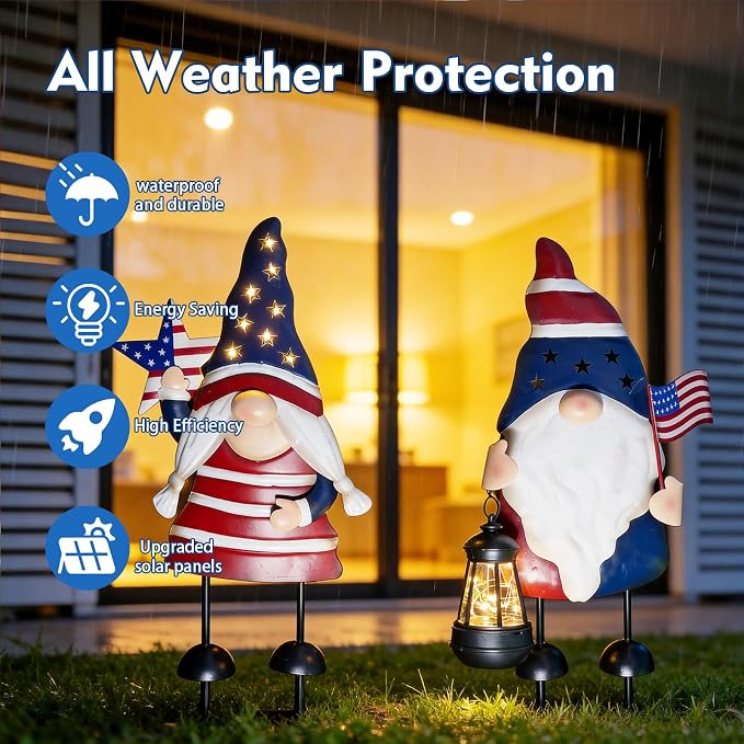 Solar Patriotic Gnomes Garden Stakes - 4th of July Decorations 25" American Flag Garden Gnomes Outdoor Decor for Outdoor & Memorial Day Yard Art 2 Pack