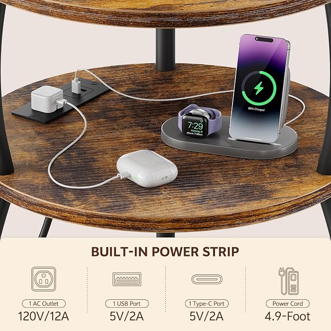 Round Side Table with Charging Station, USB Type C Port, Brown | Small Table with Basket, 3 Tiers Sofa Couch Table, Bedside Table for Living Room Bedroom, Garden,Small Spaces, 15.75in