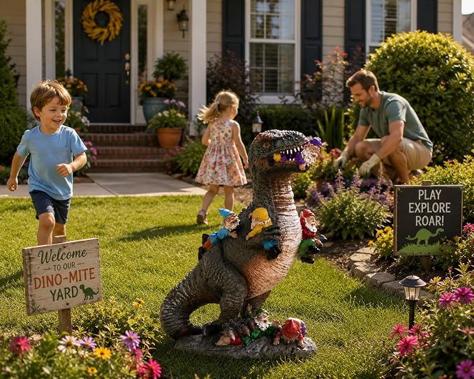 12 Inch Dinosaur Eating Gnomes Garden Statue | Funny Dinosaur Statue with Colorful Gnome Figures for Fairy Gardens, Patios Yard Decor