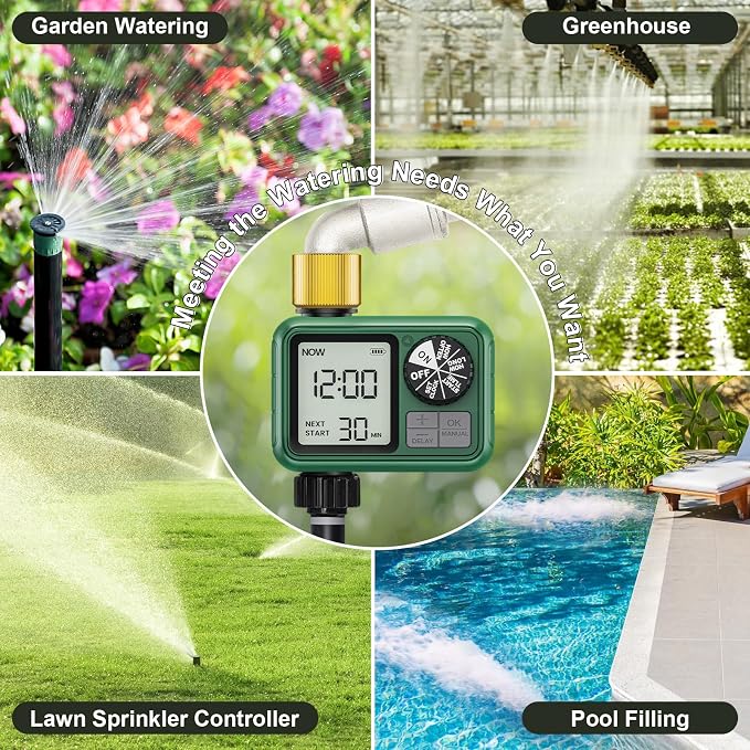 Water Timer for Outdoor Garden Hose, Sprinkler Timer for Garden Faucet with Auto/Manual/Rain Delay Mode, Sprinkler Irrigation Controller for Yard Lawn (1 Zones Brass Inlet & Outlet)