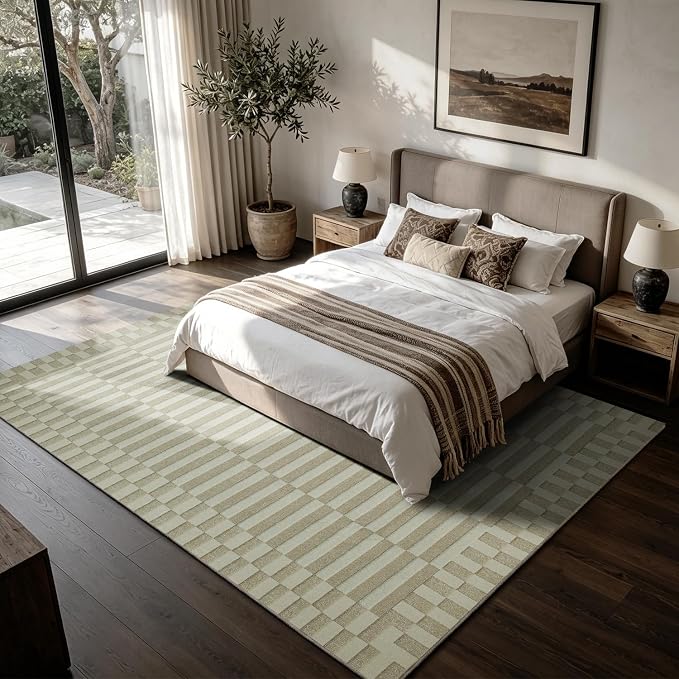 8x10 Washable Area Rugs for Living Room,Bedroom,Dining Room,Nursery- Beige | Ultra Soft,No Creases,Non-Slip,Non-Shedding,Machine Washable,Neutral Boho Low Pile Carpet for Hardwood,Home High-Traffic Area