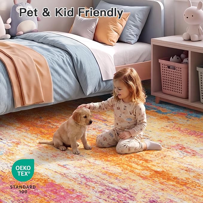 8x10 Area Rug for Living Room, Abstract Washable Larg Rugs, Multicolor | Neutral Modern Carpet for Bedroom, Dining Room, Home Office Nursery Indoor, Stain Resistant, Low Pile, Non-Shedding Rug