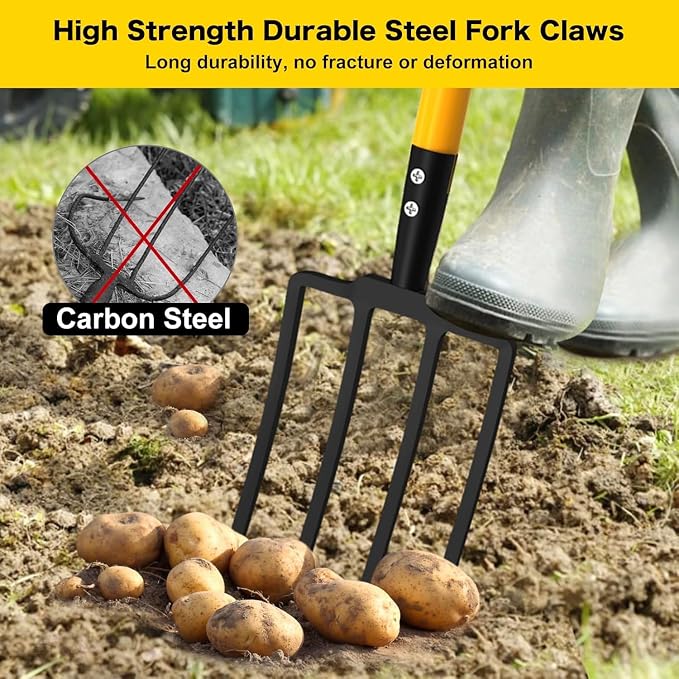 Pitch Fork, 4 Tine Heavy Duty Garden Fork with Ergonomic No-Slip D-Grip Handles, 45 Inches Long Handle Spading Fork, Perfect for Gardening Digging, Land Management, Yard work, Farming (Yellow)