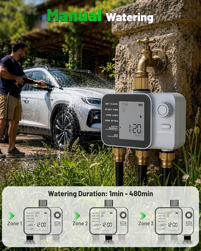 [All-New 2027] 3 Zone Sprinkler Timer with Brass Inlet, Unistyle Water Timer for Garden Hose with Rain Delay/Manual Watering/Automatic Irrigation, Hose Timers with Large LCD for Yard and Lawn Patio