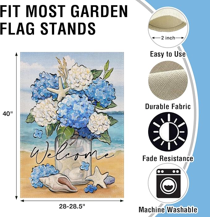 Artofy Welcome Spring Summer Flower Large Decorative House Flag, Hydrangea Floral Mason Jar Beach Coastal Yard Garden Outside Decor, Nautical Conch Starfish Outdoor Home Decoration Double Sided 28x40