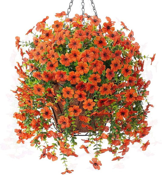 Ammyoo Artificial Hanging Flower with Basket for Fall Decor, Fake Mums Plants Uv Resistant Faux Silk Daisy Flowers No Fade for Outside Garden Porch Patio Autumn Decoration(Orange)